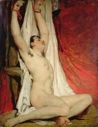 Nu masculin, les bras levés